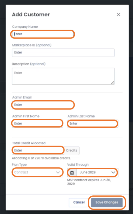 Form to add a customer with fields for company name, email, and contract details.